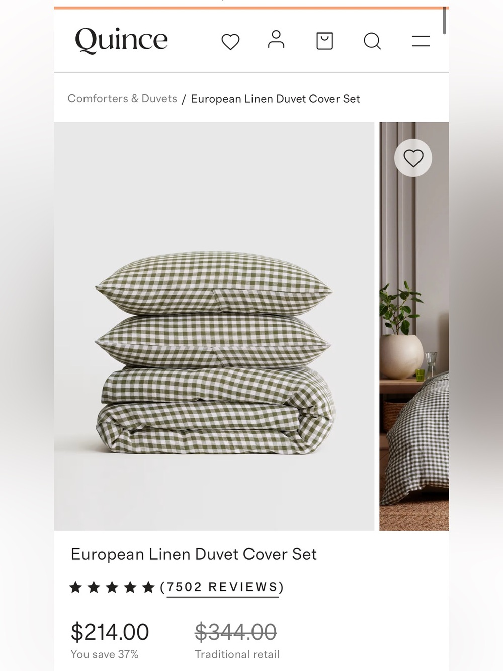 Quince European Linen Duvet Cover Set - Olive Gingham, size King/Cal-King
